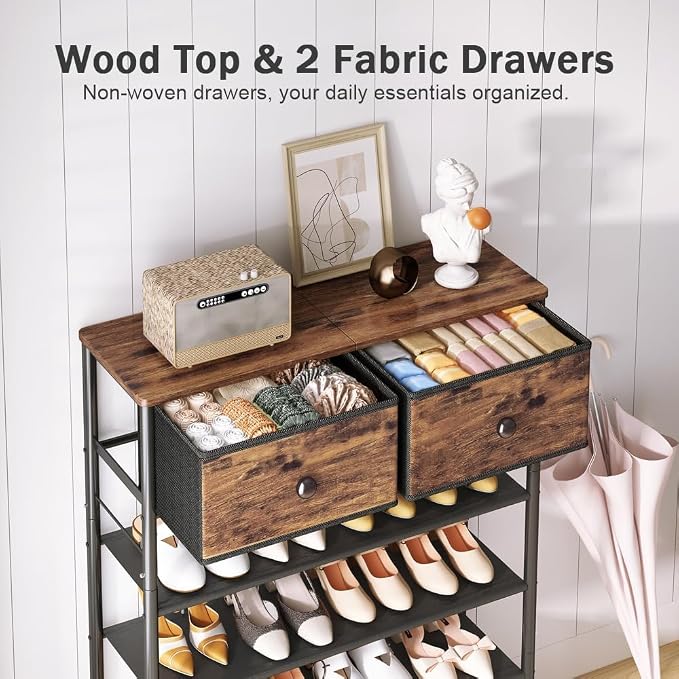 INGIORDAR Shoe Rack Organizer 5 Tier Metal Organizer Shelf with Industrial MDF Board and Layer Fabric for Entryway Closet Bedroom Living Room Garage (Black+Rustic Brown, 5 Tier with 2 Drawers) - Image 4