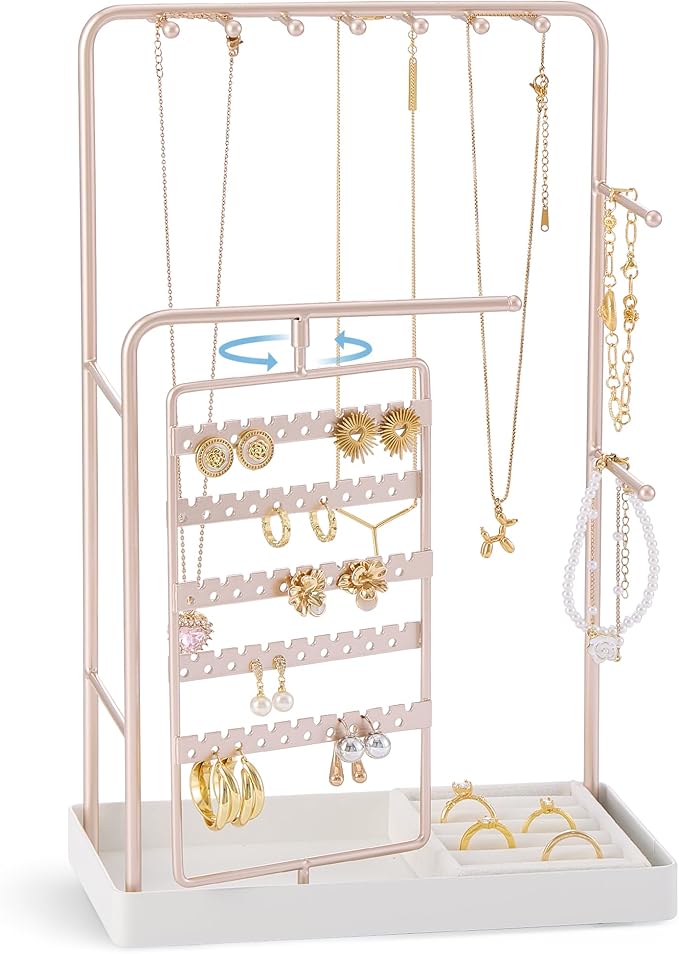 ProCase Jewelry Stand Holder Organizer, Jewelry Display Storage with Ring Tray, Rotating Earring Bracelet Necklace Holder, Valentine's Gifts Room Dorm Decor for Teen Girls -Champagne (No-Assembly) by ProCase