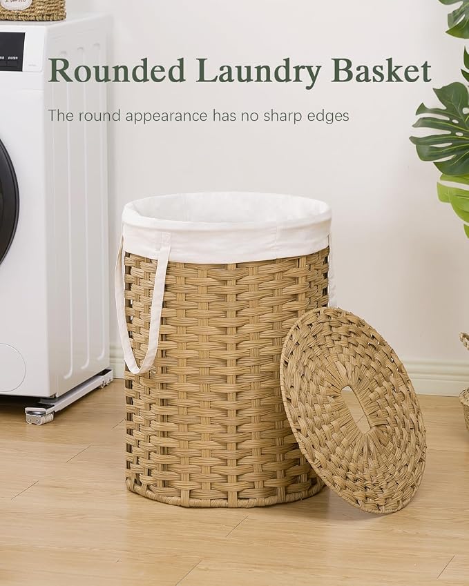 SETVSON Laundry Hamper with Lid Laundry Basket with Lid 19.0 Gal (72 L) Round Wicker Laundry Basket Handwoven Rattan Hamper Removable Bag 2 Mesh Bags Handles for Living Room Bathroom Natural - Image 2