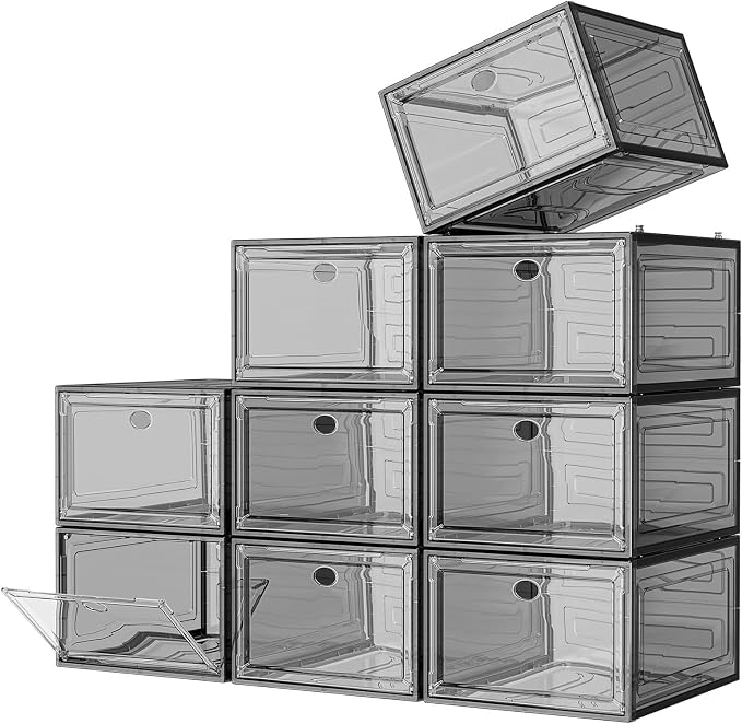 7 code Large Clear Shoe Boxes Organizer【Thicker Material】 Stronger Shoe Box with Magnetic Door, Stackable Shoe Storage Box for Closet, Foldable Space-Saving Storage Bins Shoe Cabinet, Black 9-Pack by 7+code