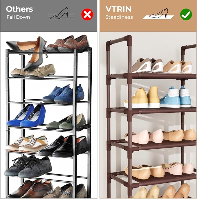 VTRIN 10 Tiers Tall Shoe Rack Holds 20-25 Pairs of Shoes Sturdy Vertical Shoe Organizer with 18pcs Hooks Stackable Narrow Shoe Rack for Closet, Entryway Brown - Image 6