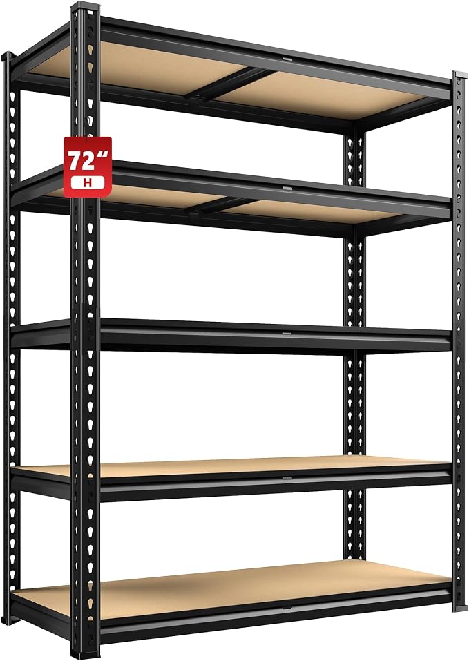 REIBII 2400LBS Storage Shelves 5 Tier Garage Shelving Heavy Duty Adjustable Garage Shelves, Utility Rack Shelf, Shelving Units for Storage Warehouse Pantry Closet, 35.5" W x 11.9" D x 72" H, Black by REIBII