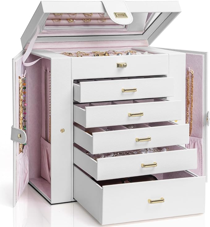 AKOZLIN Extra Large 6-Tier Jewelry Box Organizer with Mirror, 5 Drawers Leather Jewelry Storage Case for Women Girls Ring Necklace Earring Bracelet White by AKOZLIN