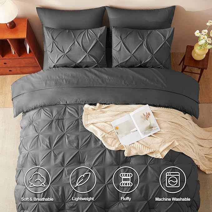 CozyLux Queen Comforter Set Dark Grey, 7 Pieces Pintuck Bed in A Bag, Premium Dark Gray Comforter Queen Size, Pinch Pleat Bedding Sets with Comforter, Sheets, Pillowcases & Shams