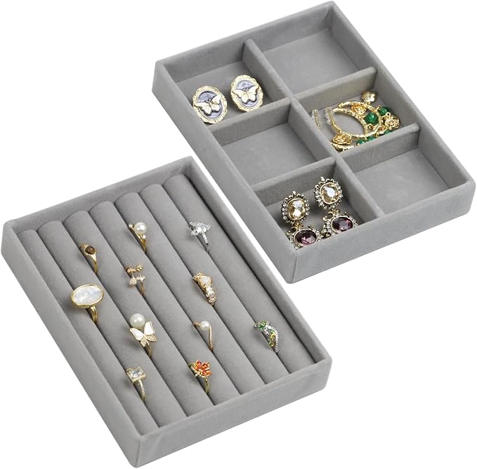 Fordonral Velvet Jewelry Organizer Box, Jewelry Drawer Organizers Trays, Earring Ring Necklace Holder Display Case (Gray, Ring+6 Grid Trays) by Fordonral