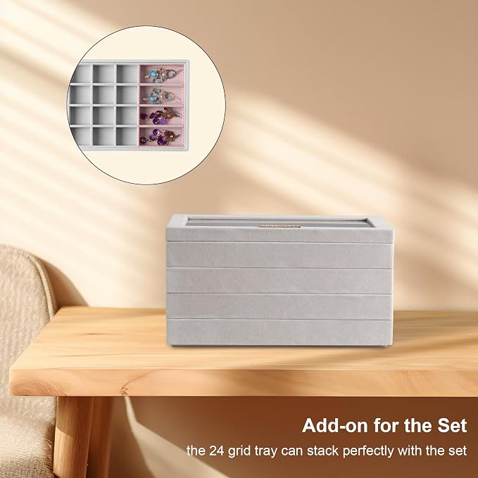 Frebeauty 24 Grid Earring Holder Organizer Tray, Jewelry Organizers and Storage for Drawer,Velvet Jewelry Display Storage for Earrings,Rings,Studs,10.5 x 6.5 x 1.2 Inches Gift for Women (Grey) - Image 5