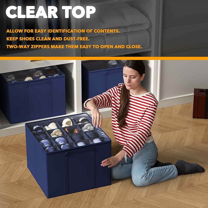 SpaceAid Shoe Organizer for Closet, 2 Pack Foldable Shoe Storage Containers Baskets Boxes Bins w/Adjustable Dividers, Fits 16-32 Pairs, Blue - Image 4