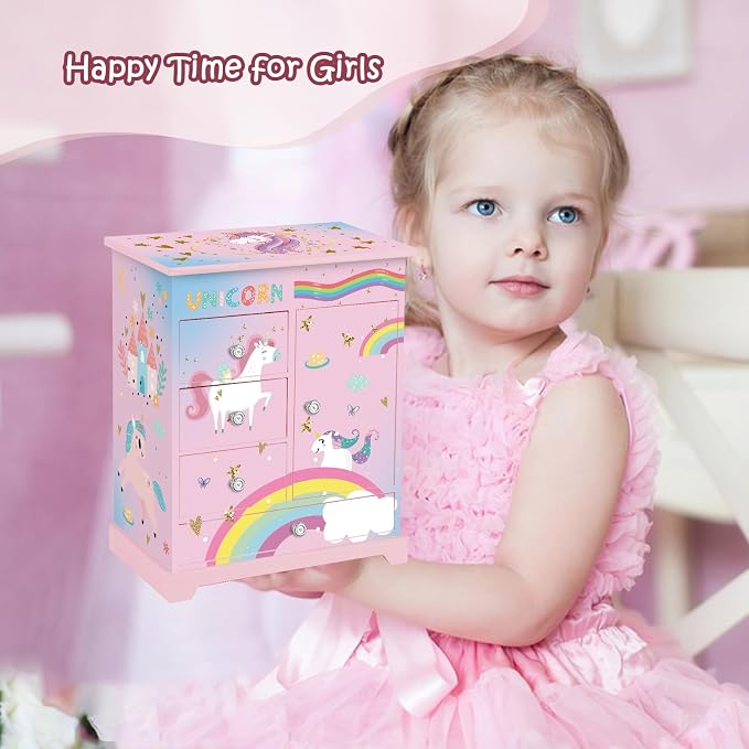 Large Jewelry Box for Girls 5-Layer Music Box with Spinning Ballerina Unicorn Necklace & Bracelet Set Kids Jewelry Organizer Birthday Christmas Gift for 5-8 Year Old Girls(Pink&Blue) - Image 7