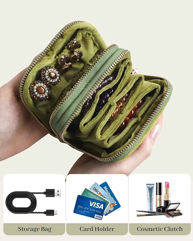 Stratalife Travel Jewelry Case Organizer 2-Layer Compact Storage Bag for Rings Earrings Necklace Bracelet Portable Velvet Jewelry Pouch with Zippers Accessories Travel Essential Gift for Women Green - Image 3