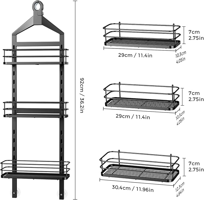 ODesign 3 Tier Height-Adjustable Shower Caddy Hanging Hanger Anti-Swing-Over The Shower Head Caddy-Shower Storage Organizer Bathroom Shelves Basket Shower Caddies-Black,11.9" x 4.84" x 36.2" - Image 9