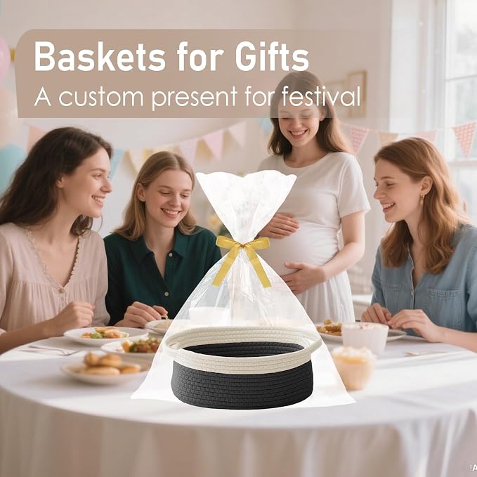 JMvicyroam Woven Basket, Small Rope Storage Bin with Handles & Ribbon Bag, Organizer for Shelves Closets,Gift Basket Empty for Birthday,Books,Dog Toys,White&Black/2 Pack - Image 4