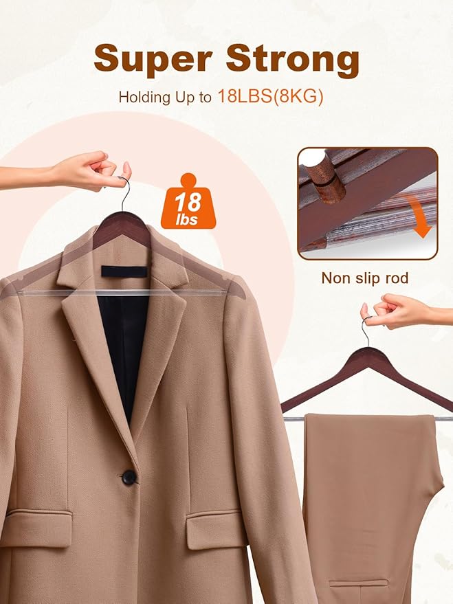 HOUSE DAY Cherry Wooden Hangers 30 Pack, Solid Wood Hanger with Non Slip Pant Bar, Heavy Duty Wooden Coat Hanger for Closet, Smooth Finish Wood Clothes Hangers for Shirts, Suits, Jackets, Dress - Image 3