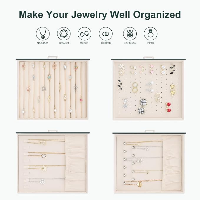 DesignSter Jewelry Box Organizer, Jewelry Box for Women, PU Jewelry Organizer Display Case with Side Drawers, Jewelry Storage for Earring Necklace Ring Bracelet Watch - Image 2