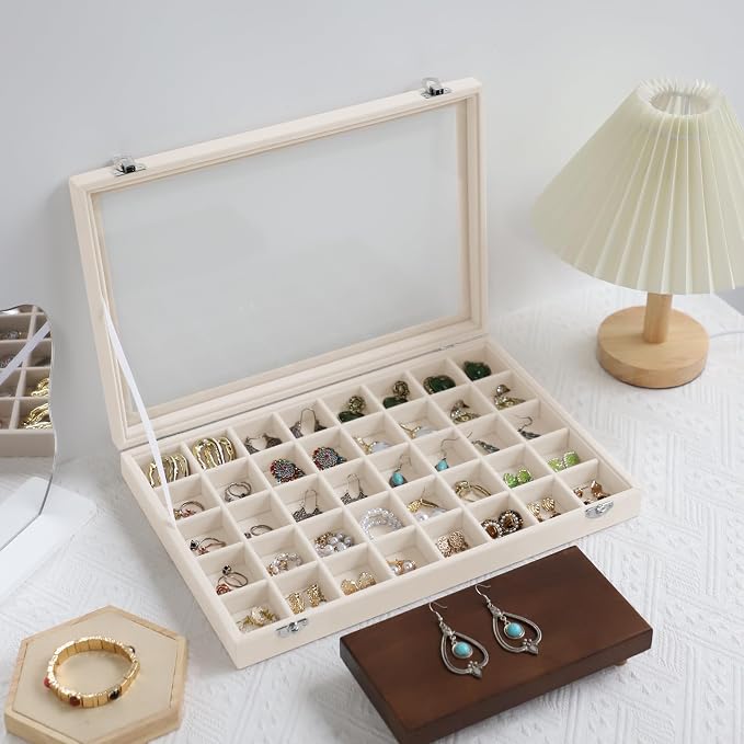 Stratalife Jewelry Organizer 40 Grid Jewelry Trays with Dust-proof Lid Velvet Earring Organizer Ring Holder Accessories Box Necklaces Earrings Storage for Women Drawers Cream - Image 5
