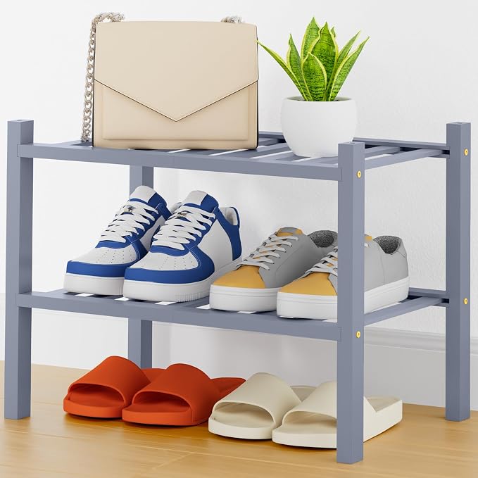 Smiry Shoe Rack, 2 Tier Thick Small Bamboo Shoe Organizer, Stackable Free Standing Wooden Shoe Storage Shelf for Closet, Entryway, Front Door Entrance, Grey by Smiry
