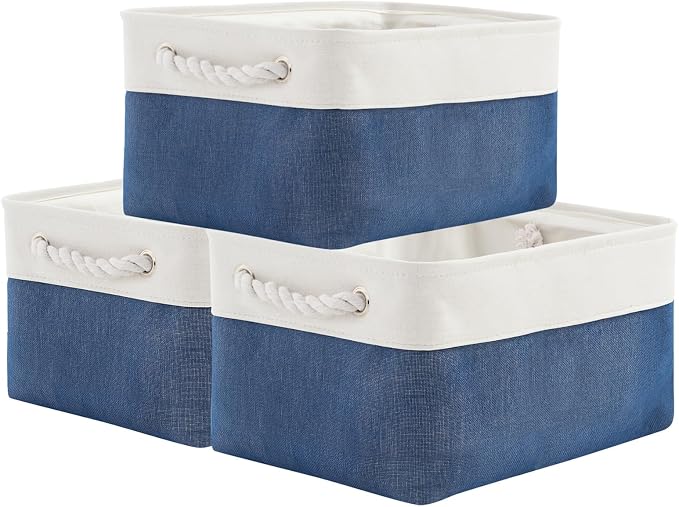 TheWarmHome Storage Basket for Organizing - Medium 3 Pack 14x10x7 inch Fabric Storage Cubes for Shelves with Rope, Collapsible Storage Bin for Organizer Closet Cloth Gift Toy (White & Jean Blue) by TheWarmHome