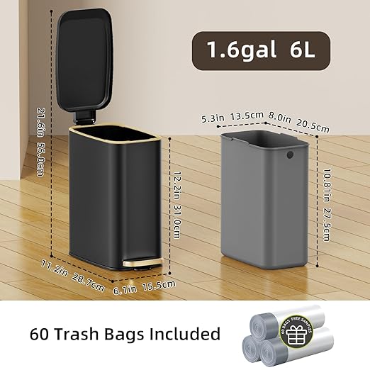 KSSKSS Small Bathroom Trash Can with Lid Soft Close, Step Pedal, 6L / 1.6 Gal Stainless Steel Garbage Bin with Removable Inner Bucket, Slim Wastebasket for Narrow Spaces (Black) - Image 6