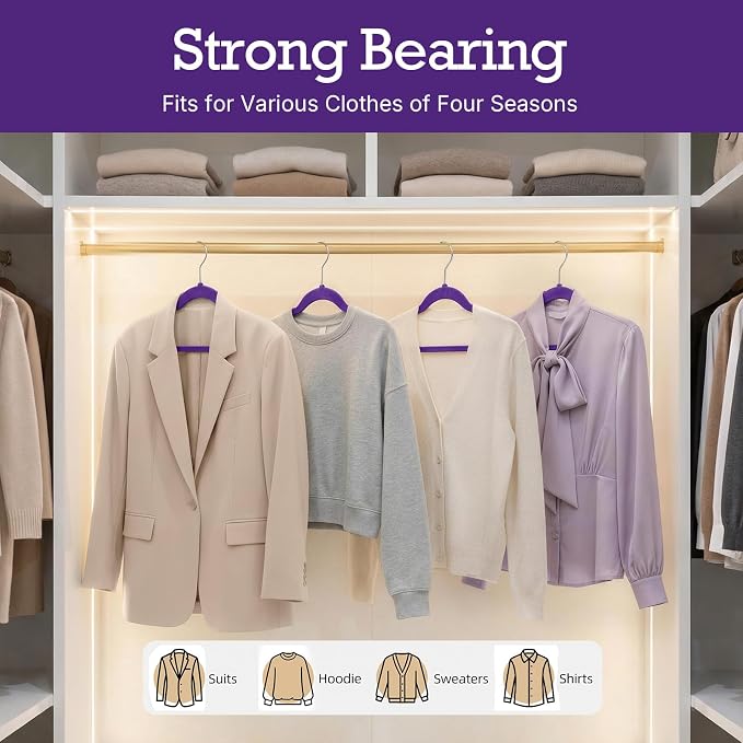 HOUSE DAY Noble-Purple Velvet Hangers 60 Pack, Non Slip Clothes Felt Hanger Heavy Duty for Coat, Premium Slim Space Saving Suit Hangers for Closet Organizer, 360° Rotating Silver Hook - Image 9