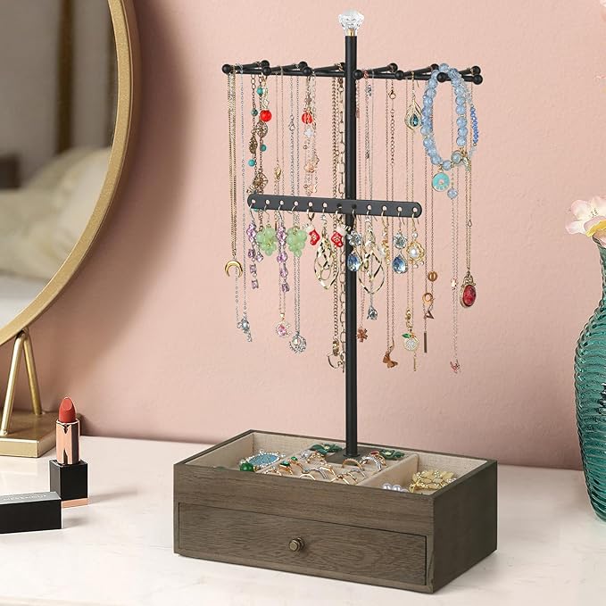 Meangood Jewelry Organizer Stand, 3-Tier Necklace Holder Jewelry Tree with Wooden Storage Drawer Box for Necklace Bracelet Earring Ring, Walnut - Image 3