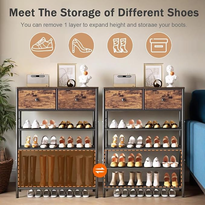INGIORDAR Shoe Rack Organizer 5 Tier Metal Organizer Shelf with Industrial MDF Board and Layer Fabric for Entryway Closet Bedroom Living Room Garage (Black+Rustic Brown, 5 Tier with 2 Drawers) - Image 5