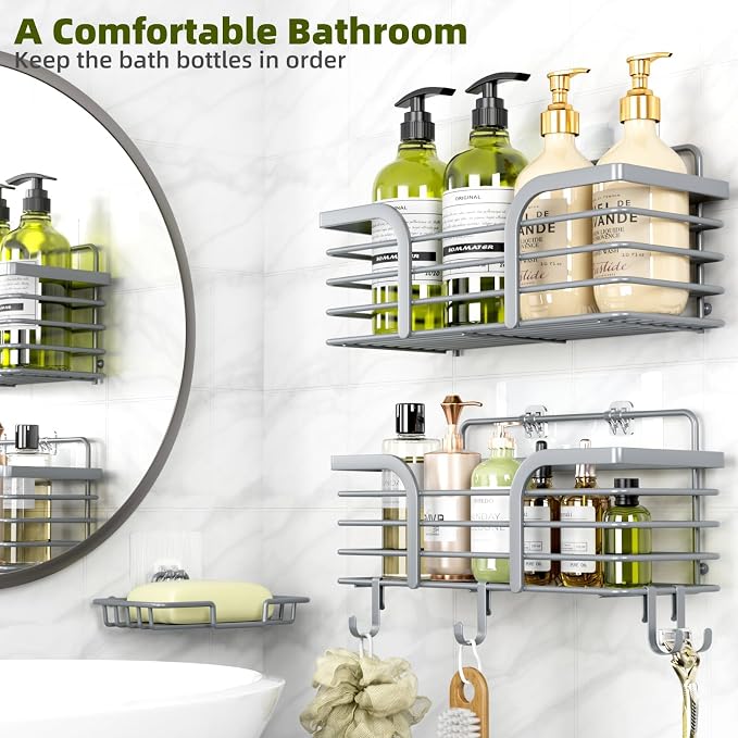 Yougai Shower Caddy, Shower Organizer with Soap Holder and Hooks, Rustproof Shower Shelves, No Drilling Bathroom Organizers and Storage, Wall-Mounted Kitchen & Home Decor, Light Grey - Image 3