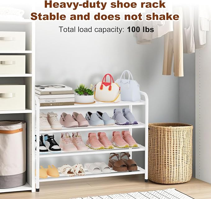 KANAV 4-Tier Expandable Shoe Rack, Heavy Duty Adjustable Metal Shoe Organizer for Closet, Entryway & Mudroom, Freestanding, Tool-Free Assembly, White - Image 3