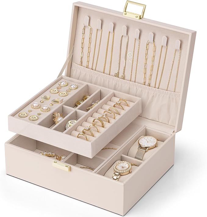 VLANDO 2 Layer Jewelry Boxes Large Jewelry Organizer for Women Removable Jewelery Tray for Watch Necklace Earrings Rings Bracelets Mothers Gifts Mom Gifts(Apricot White) by VLANDO