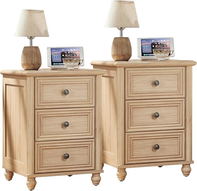 RWYHG 18" Farmhouse Night Stand Set of 2, Natural Wood Nightstand with 3 Drawers, Bedside End Table with Storage and Roman Column, Bed Side Tables Cabinet for Bedroom, Living Room, and Closet