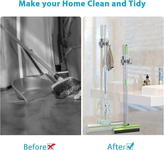 homeasy Mop Broom Holder No Drill, Mop Broom Organizer Wall Mounted Heavy Duty with Hooks Hanger, Self Adhesive Stainless Steel 4Pcs for Bathroom, Kitchen, Office (Silver) - Image 8