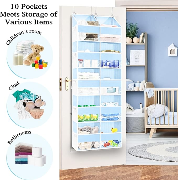 Blue Over the Door Organizer 5 Tiers, Extra Large Behind Door Storage of 10 Compartments, 80 lbs Weight Capacity Hanging Storage Organizer with Clear Window Kids Toys, Shoes, Diapers, Room storage - Image 5