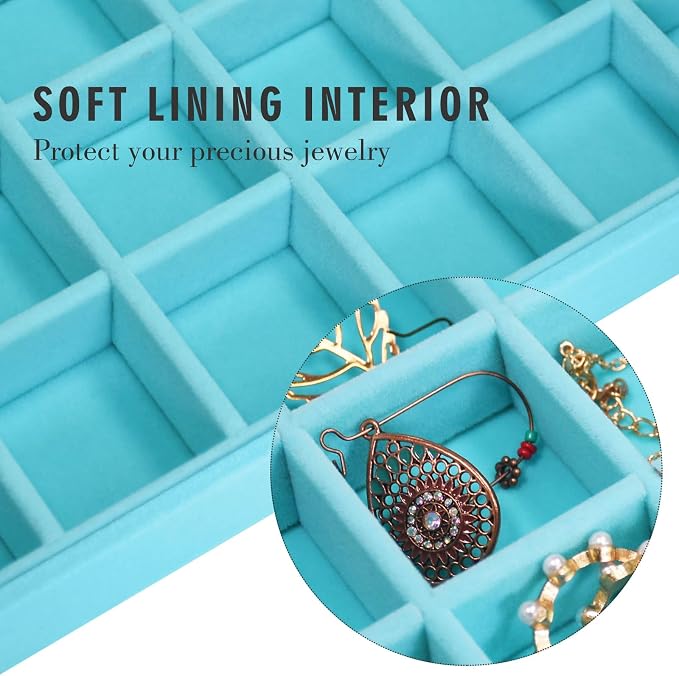 Siveit Velvet Jewelry Tray 48 Grid Jewelry Display Tray Organizer Box with Transparent Lid Rings Earrings Necklaces Pendants Display Box Suitable for Women and Girls (Light Blue) - Image 2