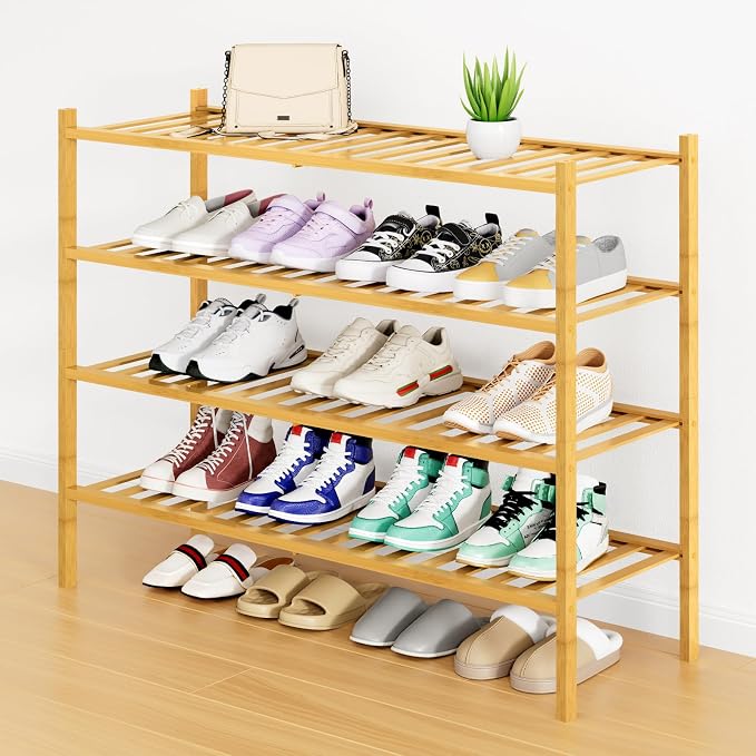 Smiry Shoe Rack, 4 Tier Long Bamboo Shoe Organizer, Stackable Free Standing Wooden Shoe Storage Shelf for Closet, Entryway, Front Door Entrance, Natural by Smiry