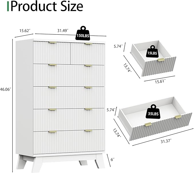 Xixini Fluted Dresser for Bedroom with 6 Drawers, 46" Tall Modern Chest of Drawers with Metal Handle, Wooden Dresser TV Stand, Wood Closet Clothes Storage Organizer for Living Room, Hallway, White