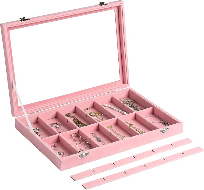Frebeauty Jewelry Organizer Tray with Clear Lid 24 Grid Velvet Drawer Insert Jewelry Storage box with Transparent Glass lid Jewelry Display Case with Lock Gifts for Girls Women (Pink, 24 Grid) - Image 4