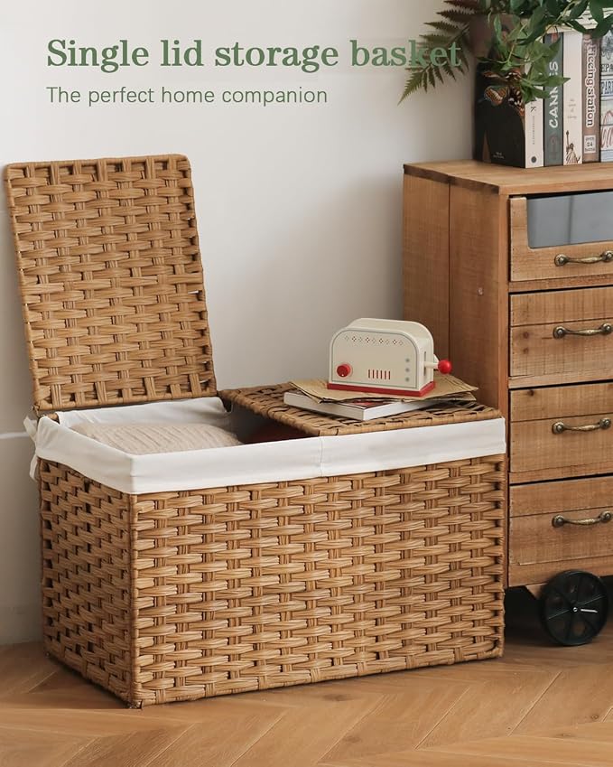 SETVSON Storage Basket with Lid Rattan Storage Basket with 2 Separate Lid, 27.8 Gallon (105 L) 25.2 * 15.4 * 16.1 Inches Woven Wicker Baskets with 2 Liners and Handles for Bedroom Laundry-Natural - Image 2