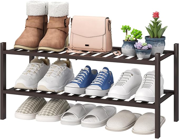 viewcare 2-Tier Shoe Rack for Entryway, Bamboo Shoe Rack for Closet, Free Standing Shoe Racks for Indoor Outdoor, Stackable Shoe Shelf Storage Organizer for Hallway Closet by VIEWCARE