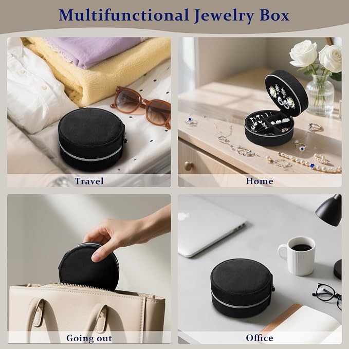 CONBOLA Travel Jewelry Case Small Jewelry Box for Women Girls,Round Velvet Jewelry Travel Organizer,Portable Jewelry Box for Rings Earrings Necklaces Bracelets.(Black,Large) - Image 5
