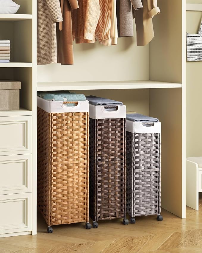 Greenstell Laundry Hamper with Wheels, 17.4 Gallon (66L) Slim Laundry Basket with 2 Removable Liner Bags & 2 Mesh Bags, Narrow Rattan Clothes Hamper for Bedroom, Laundry Room, Bathroom, Brown - Image 5