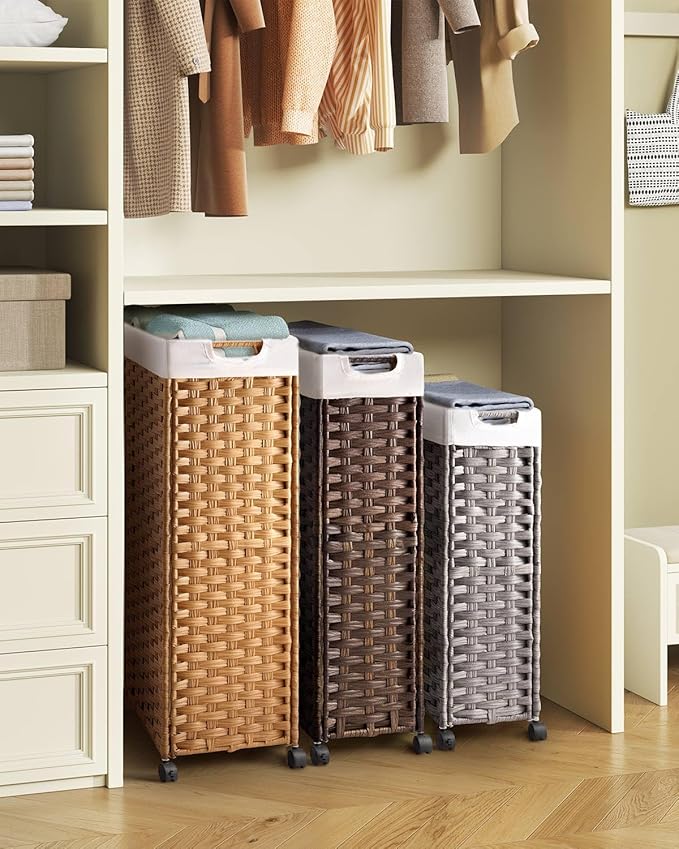 Greenstell Laundry Hamper with Wheels, 17.4 Gallon (66L) Slim Laundry Basket with 2 Removable Liner Bags & 2 Mesh Bags, Narrow Rattan Clothes Hamper for Bedroom, Laundry Room, Bathroom, Grey - Image 5