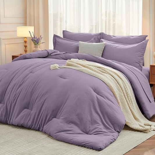 MUXHOMO 7 Pieces King Comforter Set, Soft Bed in a Bag King Size, All Season Bedding Set with Comforter, Flat Sheet, Fitted Sheet, Pillowcases & Shams, Greyish Purple