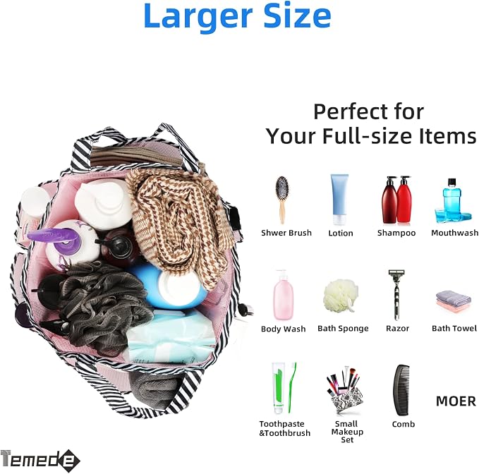 Temede Mesh Shower Caddy Tote, Large Shower Caddy Basket Portable, Quick Dry Hanging Toiletry Bag, 8 Storage Pocket Bath Organizer for College Dorm Room, Gym, Bathroom, Camp, Travel (Pink+Stripes) - Image 4