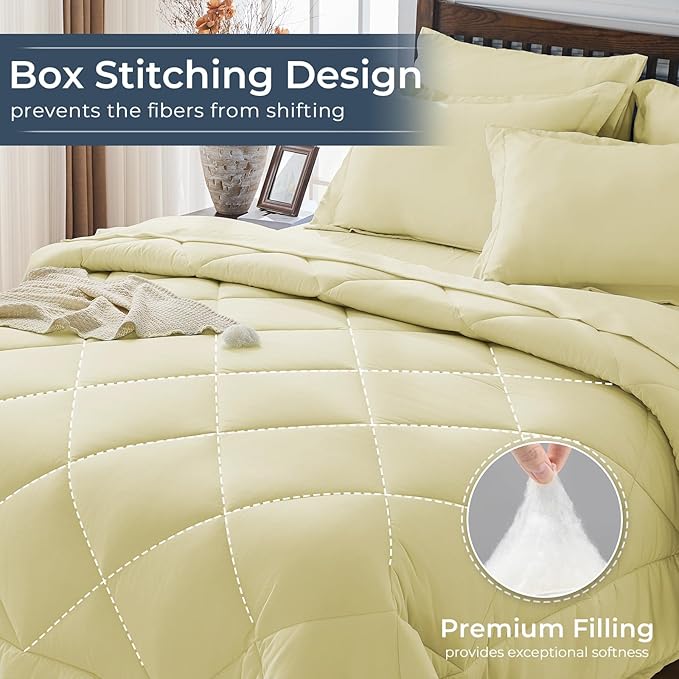 HEVUMYI Cream Yellow Queen Comforter Set - 7-Piece All Season Bed in a Bag Queen, Ultra Soft Bedding Set with Comforter, Flat Sheet, Fitted Sheet, Pillowcases, Pillow Shams