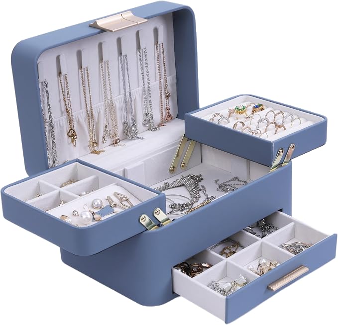 KAMIER Jewelry Box, 3 Layers Jewelry Organizer with Drawers, PU Leather Jewelry Storage Organizer for Earring, Ring, Necklace, Bracelets, Christmas Gift, Bluish Grey by KAMIER