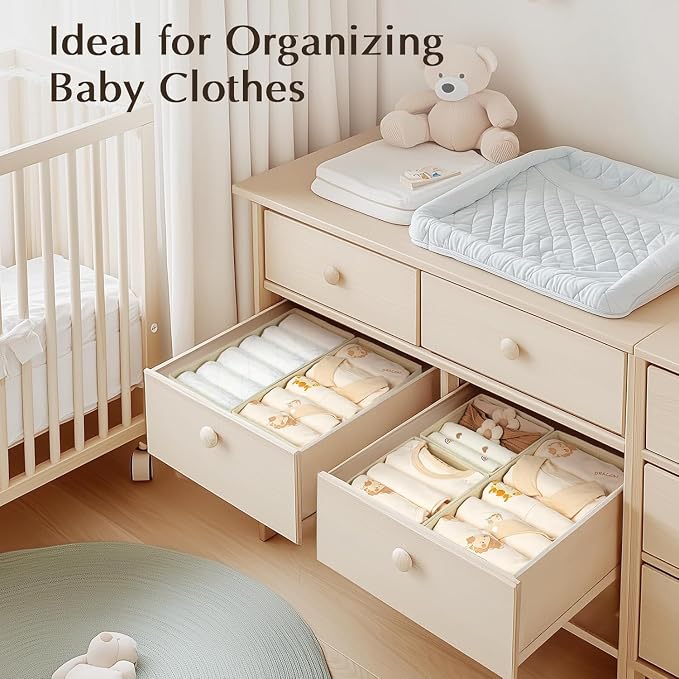 DIMJ Drawer Organizers Clothes, Set of 14 Dresser Organizer Bins, Fabric Closet Organizers and Storage, Shallow Drawer Dividers for Nursery, Clothing, Baby Clothes, Socks, Underwears, Tie (Beige) - Image 3