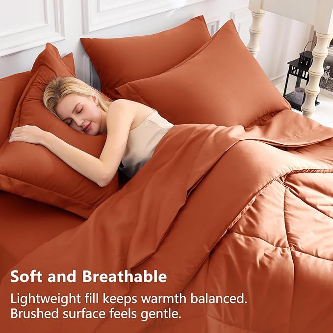 CozyLux King Size Comforter Set Burnt Orange - 7 Pieces Bed in a Bag King, Luxury Soft Bed Set for All Seasons, Bedding Set with Down Alternative Comforter, Sheets, Pillowcases & Shams, Terracotta
