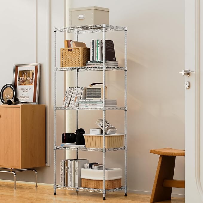 M MZG 1250 lbs 5 Tier Shelf Metal Storage Shelves Wire Rack Closet Organizers with Wheel for Garage Kitchen Bathroom Laundry Chrome 13.7" D x 23.6" W x 62.4" H - Image 2