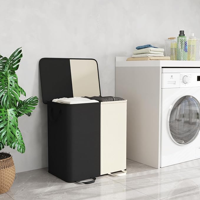 Lifewit Double Laundry Hamper with Lid and Removable Laundry Bags, Large Collapsible 2 Dividers Dirty Clothes Basket with Handles for Bedroom Laundry Room Closet Bathroom College, 136L White&Black - Image 6