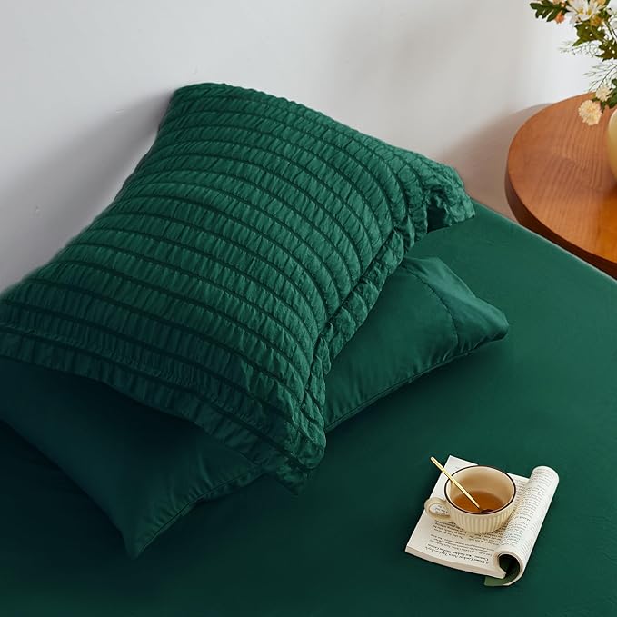 Love's cabin Seersucker Dark Green Twin Comforter Set, 5-Piece All Season Lightweight Bed in a Bag Bedding Set with Comforter, Flat Sheet, Fitted Sheet, Pillowcase and Sham | Soft, Breathable, Lightweight
