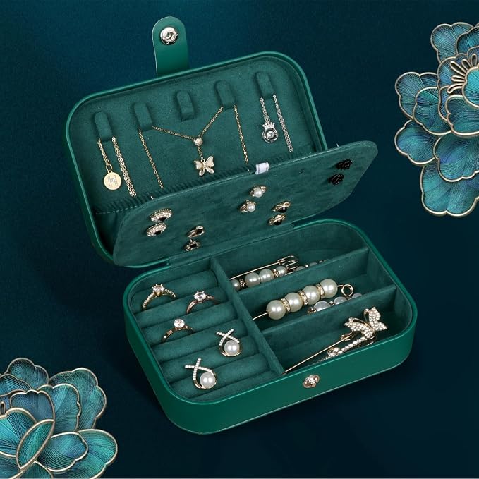 Hatori Travel Jewelry Box, PU Leather Small Jewelry Organizer for Women Girls, Portable Mini Travel Case Display Storage Holder Boxes for Stud Earrings, Rings, Necklaces, Bracelets (Ink Green) - Image 2