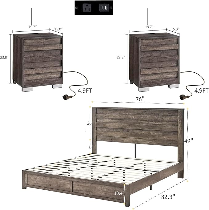 LUXOAK 3 Pcs Bedroom Furniture Sets,Includes Farmhouse King Size Bed Frame with 49" Tall Headboard and Nightstand Sets of 2 with Charging Station, Slated Handles & Stainless Steel Feet, Rustic Grey